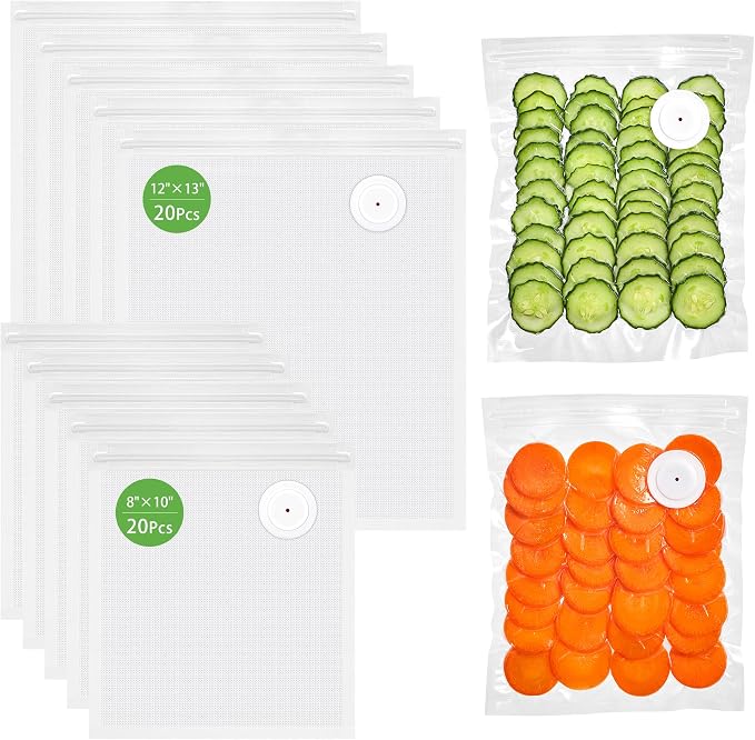 Syntus 40 Reusable Vacuum Sealer Bags for Food, 8" x 10" and 12" x 13" (S+L) Food Storage Zipper Bags with Air Valve BPA-free Leakproof Keep Food Freshness, Compatible with Compact Vacuum Sealers