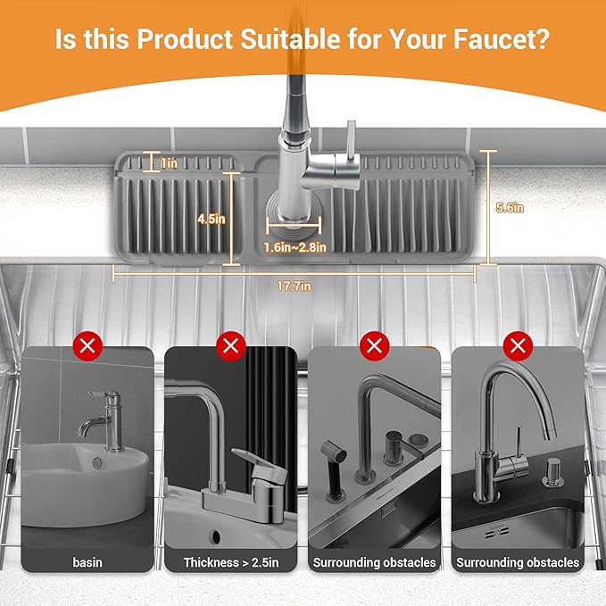 ZJWZLG Faucet Mat for Kitchen Sink, 17.7"X5.5" Silicone Sink Splash Guard with Soap Holder, Snap-On Design & 7°slope Fast Drain, Folding Sink Faucet Mat for Universal Kitchen Bathroom Sink（Grey）