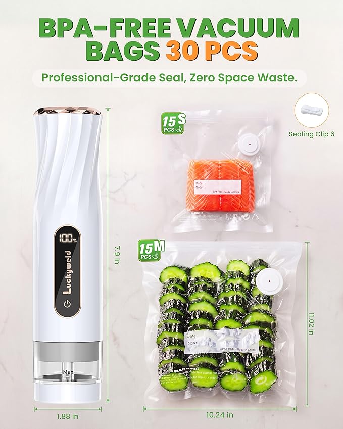 Compact Vacuum Sealer for Food: Powerful Handheld Vacuum Sealer Machine & 30 Reusable Vacuum Bags, With LED Display & Detachable Water Tank, Portable Food Sealer, Seal Meal Saver