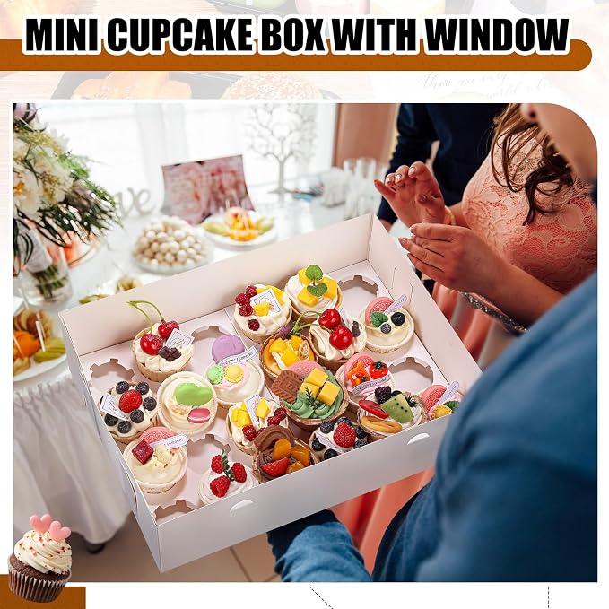 AmazingSpark 10 Pack 24 Count Cupcake Boxes, Mini Cupcake Containers, 14.9 x 11 x 4 Inch White Disposable Bakery Boxes with Window and Inserts for Birthday Holiday Party Bakery Desserts