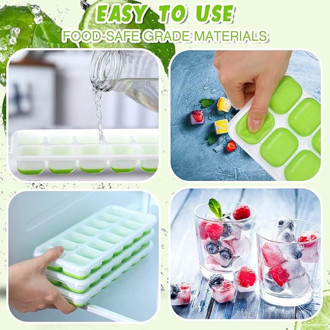 Rtteri 36 Pack Ice Cube Trays Silicone Ice Tray for Freezer Flexible 14 Cube Molds Easy Release Stackable Trays with Lid for Drinks Cocktail Coffee Baby Food (Green)