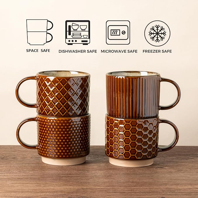 GBhome 12 OZ Stackable Coffee Mugs, Ceramic Coffee Cups with Texture Patterns for Man,Woman,Dad,Mom, Modern Mugs Set of 4 for Latte/Cappuccino/Cocoa. Dishwasher&Microwave Safe