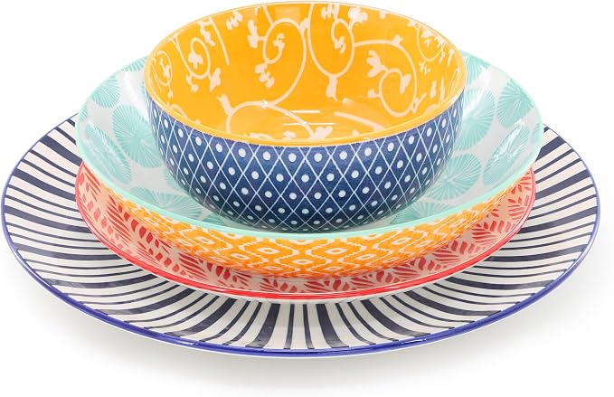 Elama Giovanna 16 Piece Assorted Design Porcelain Multi-Color Graphic Double Bowl Dinnerware Set, Tableware, Serveware, Dinnerware Set, Bowl Set (16 Piece)