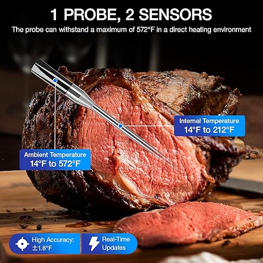 Wireless Meat Thermometer, Bluetooth Meat Thermometer with IPX7 Waterproof Probe, Extended Range, iOS & Android App, Preprogrammed Temperatures for BBQ, Grill, Smoker, Oven & Air Fryer