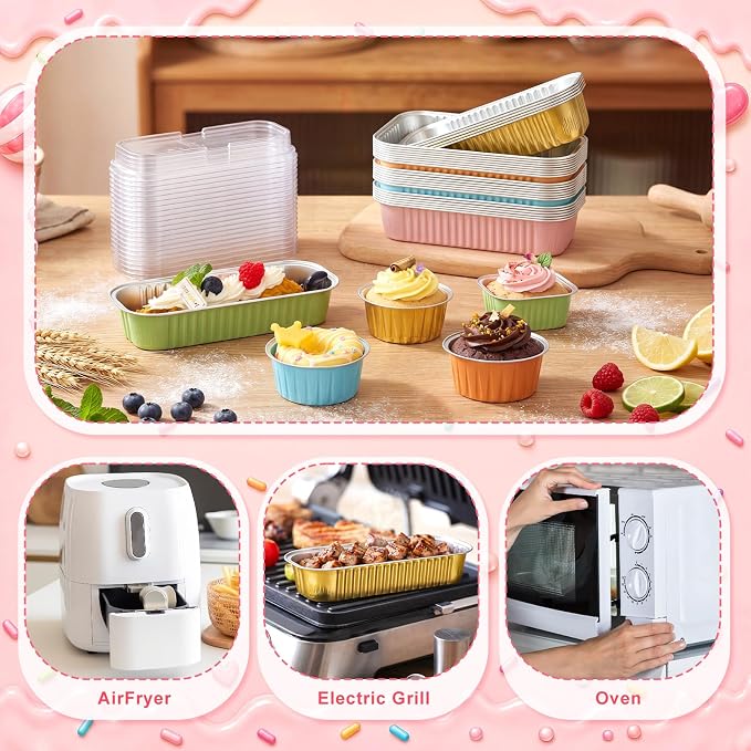 Blushtier 120 Set/240 Pcs Mini Loaf Pans with Lids and Spoons Disposable Mini Cake Pans, 6.8, 5, 4.2 oz Square Rectangle Round Aluminum Foil Cupcake Baking Cups Dessert Liners Tins for Desserts