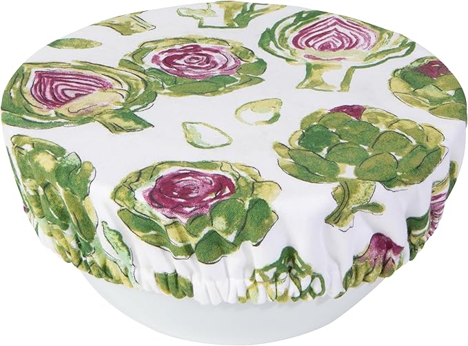 Now Designs Artichoke Collection Bowl Covers Set of 2, Reusable Cotton with Moisture-Locking Lining, DIA7.5in/DIA9.25in, Machine Washable, Purple/Green