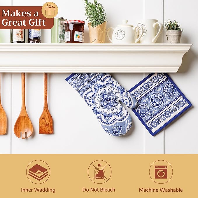 Maison d'Hermine Oven Gloves 100% Cotton Oven Mitt 7" x 13" with Loop Heat Resistant BBQ Cooking Gloves Baking Grilling Gifts for Mothers Day Spring/Summer (Pack of 1, Melodie Bleue)