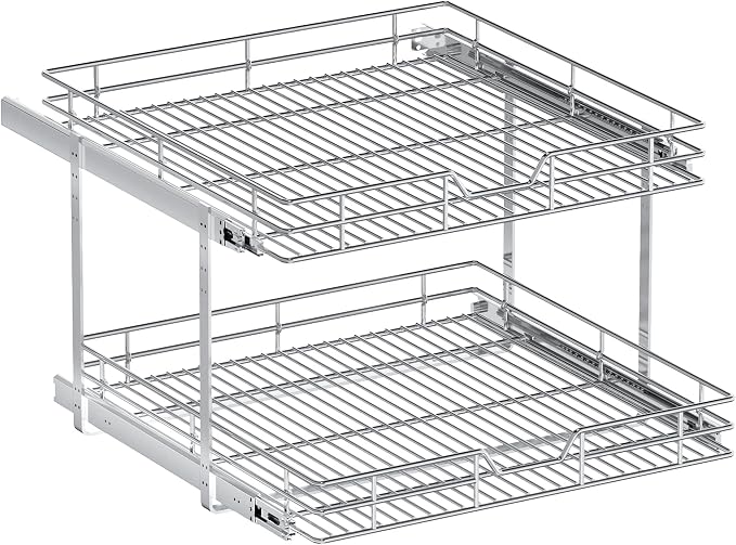 2-Tier Pull Out Cabinet Organizer, 22.5" W x 21.5" D, Heavy Duty Dual Slide Out Shelves for Wide Base Cabinets, Chrome Wire Basket Drawer for Pots, Pans, Pantry & Cleaning Supplies