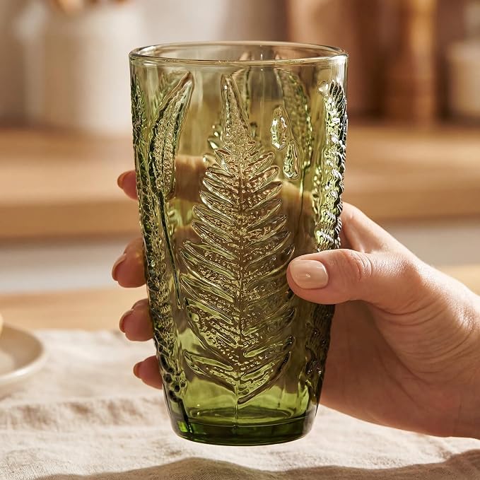 Green Drinking Glasses Set of 4, 16 oz Vintage Hand-Pressed Glass Cups, Fern Textured Highball Tumblers, Antique Style Boho Glassware for Water, Juice, Cocktails & Mocktails, Housewarming Gift Set