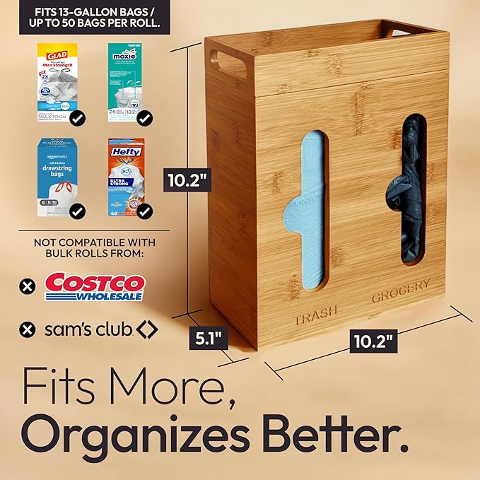 Under Sink Organizer for Kitchen Cabinet - Bamboo Trash Bag Dispenser & Bag Holder – Pantry Organizer & Garbage Roll Holder for Cleaning Supplies, Apartment Essentials & Home Organization