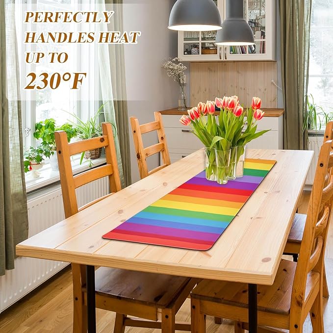 2 in 1 Table Runner Trivet for Hot Pots and Pans Heat Resistant Non Slip Waterproof 39 x 12 Inch Decorative Table Protector for Kitchen Countertop Vibrant Colorful Stripes