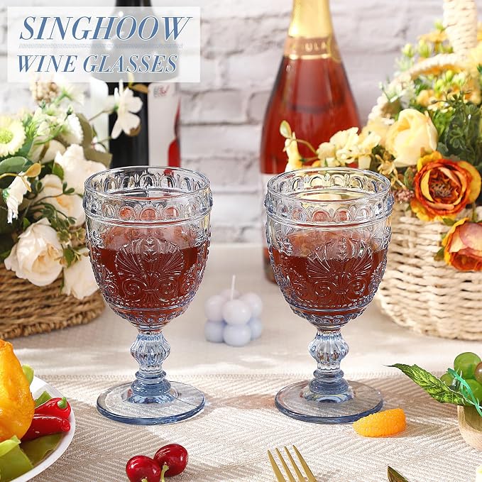 6 Pcs Goblet Glasses 10 oz Wine Glasses, Drinking Glasses Colored Retro Embossed Water Goblets For Wine Juice Baby Shower Wedding Reception Grand Event Party, Dishwasher Safe (Blue)