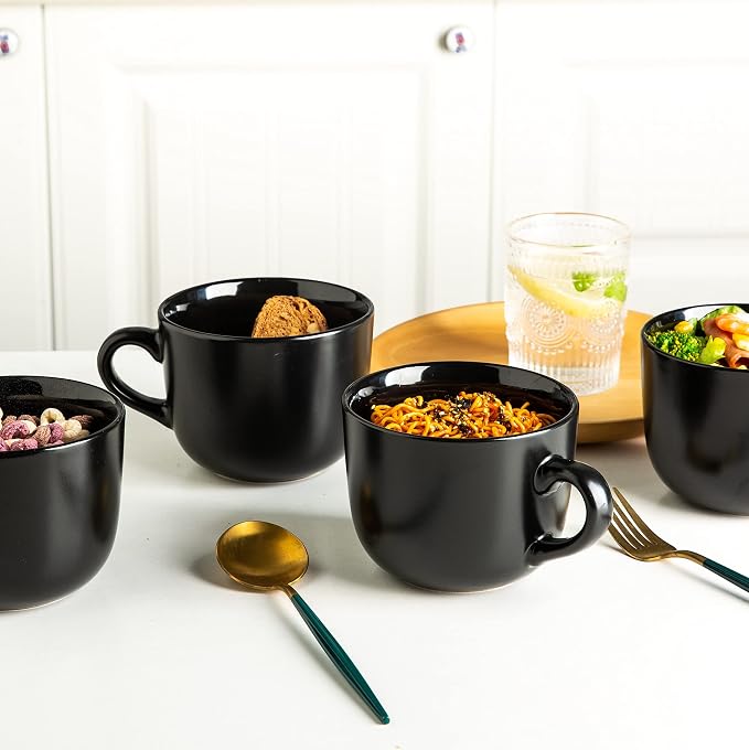 AmorArc 24 oz Soup Mugs with Handles, Jumbo Ceramic Bowls Mugs Set with handles for Coffee Cereal Cappuccino Snacks, Microwave&Dishwasher safe Soup Cups for Meal-Black
