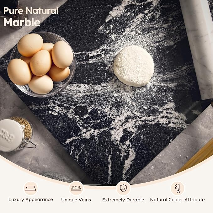 Diflart Natural Marble Stone Cutting Board for Kitchen, 16x20 Inch, Black, Marble Slab Pastry Board Large with Non-Slip Feet for Cheese, Charcuterie, Dough Chocolate, Pack of 1 Piece