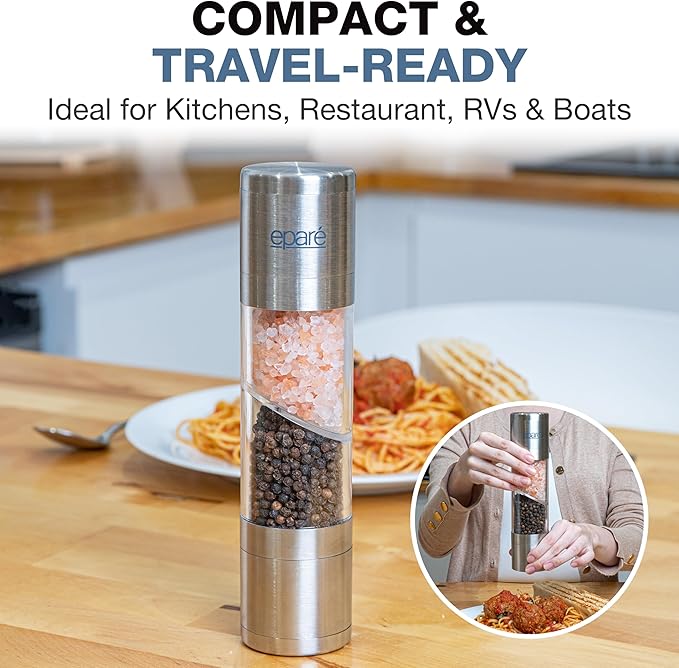 Eparé Gold Salt or Pepper Grinder & 2 in 1 Salt & Pepper Grinder - Battery Operated Brass Ceramic Burr Peppermill & Space Saver Dual Mill Grinders