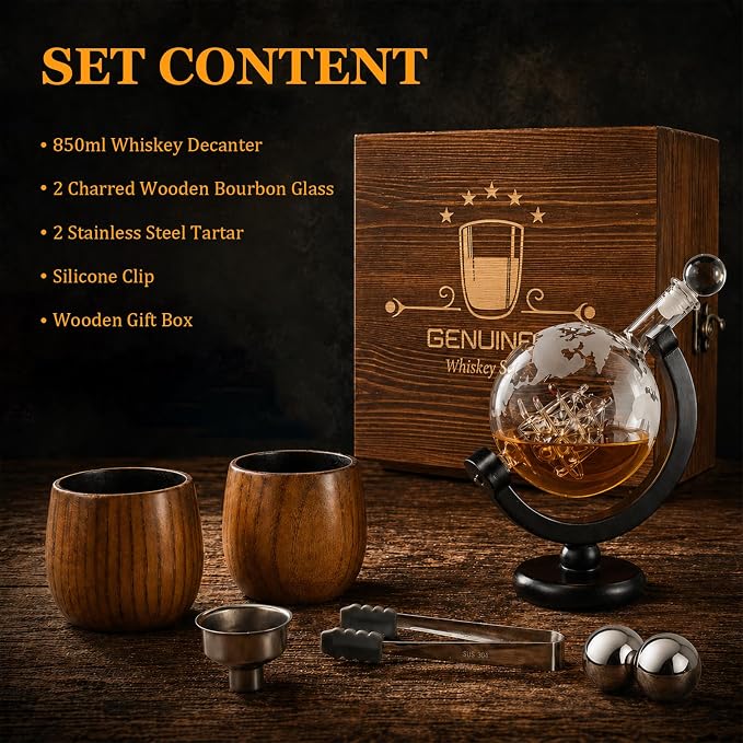GENUINED 30oz Globe Whiskey Decanter Sets with 11oz Charred Wooden Whiskey Glass(2), Gifts for Men