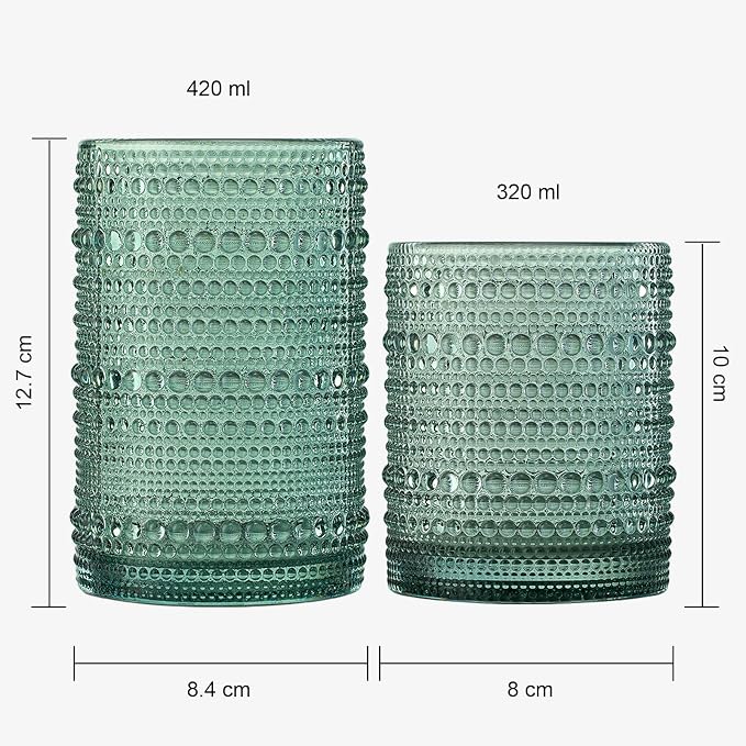 Khen Hobnail Beaded Highball Drinking Tumbler Glasses | Set of 12 | Color, Vintage Bubble Design Whiskey Glassware, Old-Fashioned, Embossed Design for Water, Wine, Cocktail Embossed, Rocks Glass