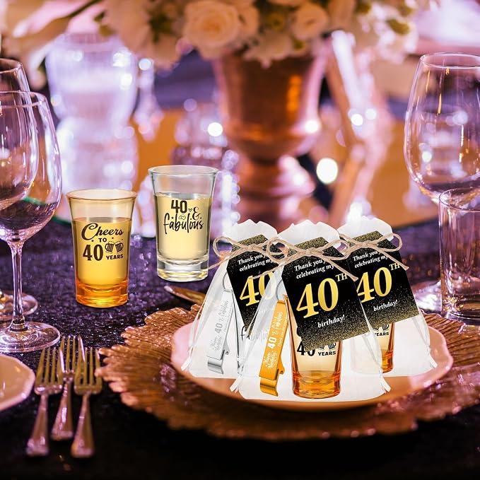 Domensi 50 Sets 40th Birthday Party for Guests Bulk Include Cheers to 40 Short Glasses Beer Bottle Opener Keychains Thank You Cards with Gift Bags and Ropes for Birthday Party Gifts