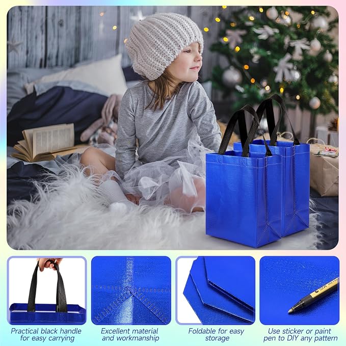 Eccliy Reusable Gift Bags Set Glossy Grocery Gift Tote Bag with Handle for Wedding, Bridal Shower, 4th of July, Summer Event(10 x 8 x 4.7 Inch,Blue,80 Pcs)