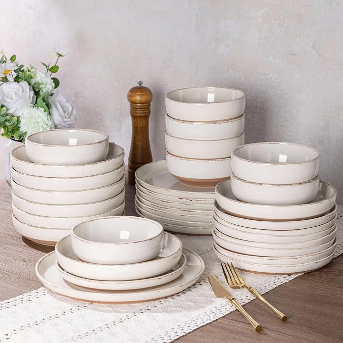 AmorArc Ceramic Dinnerware Sets for 4, 12 Pieces Handpainted Plates and Bowls Set with Rustic Terracotta Underside, Scratch Resistant Stoneware Dishes Set, Dishwasher & Microwave Safe, Beige