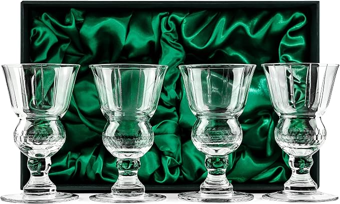Vintage Crystal Absinthe, Sambuca, Raki, Pastis, Ouzo Glasses | Set of 4 | Short Stemmed 6.5 oz Goblets with Bubble Reservoir for Drinking Green Fairy | Handblown Small Wine Bistro Glassware