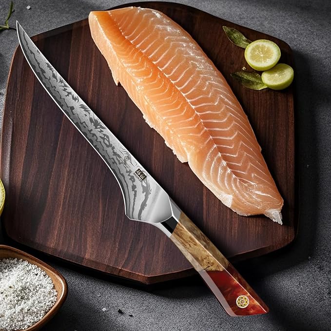 SHAN ZU Damascus Fillet Knife, SG2 Powder Steel Japanese Kitchen Knife, 7 inch Hand Forged 91 Layers Damascus Steel Ultra Sharp Knife with Ergonomic Maple Handle