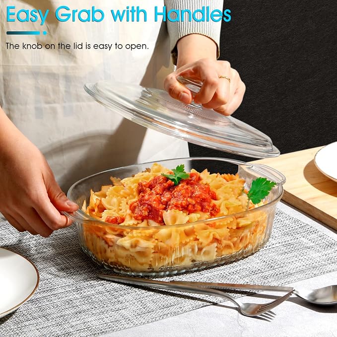 NUTRIUPS 2L Borosilicate Glass Oval Casserole Dish and Lid for Oven