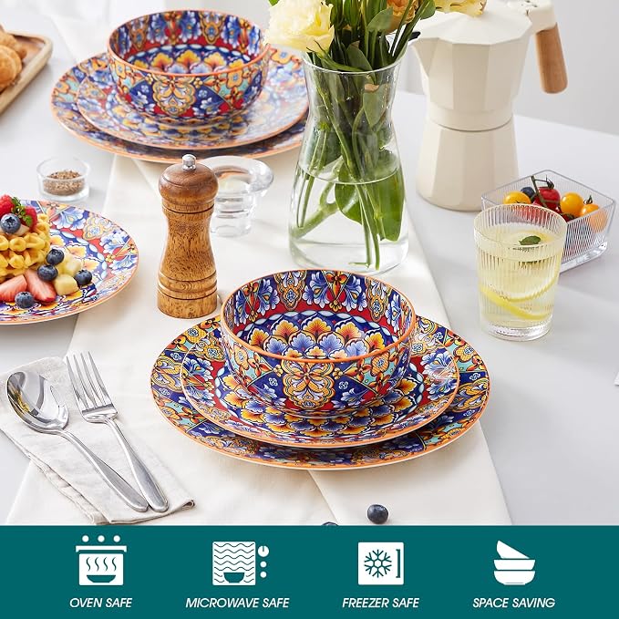 vancasso 12 Pieces Dinnerware Sets, Orange Plates and Bowls Set, Porcelain Dishes Set for 4, Microwave and Dishwasher Safe, Scratch Resistant, Bohemian Style Dining Ware Service for 4, Series SIMI