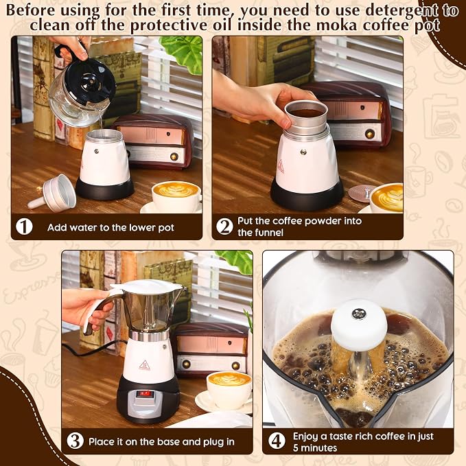 Electric Espresso Maker Transparent Coffee Maker Electric Moka Pot Portable Aluminum Espresso Machine Italian Moka Pot with Detachable Base, Coffee Gift for Women Men Home Travel (White,6 Cup)