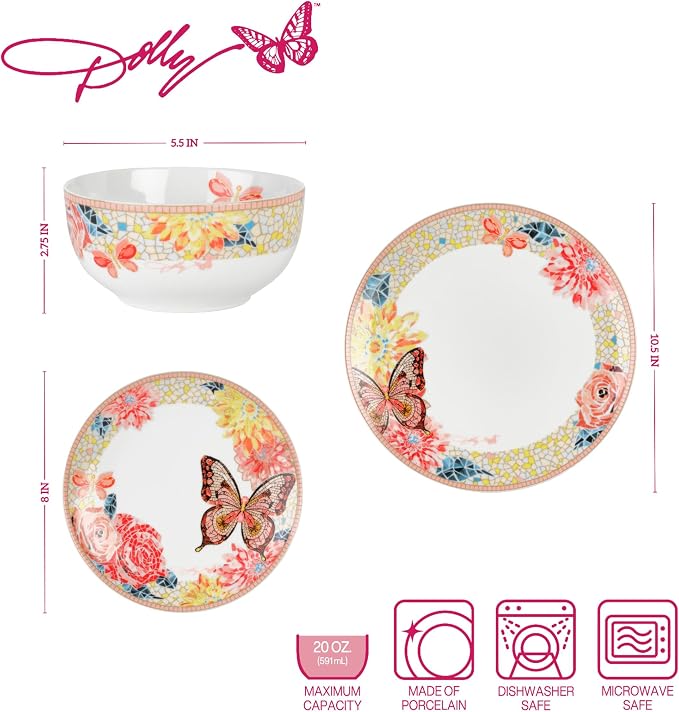 Dolly Parton 12 Piece Jeweled Mosaic Butterfly Dinnerware Set Porcelain Dinner Plates, Salad Plates, Bowls, Service for 4, Microwave Dishwasher Safe
