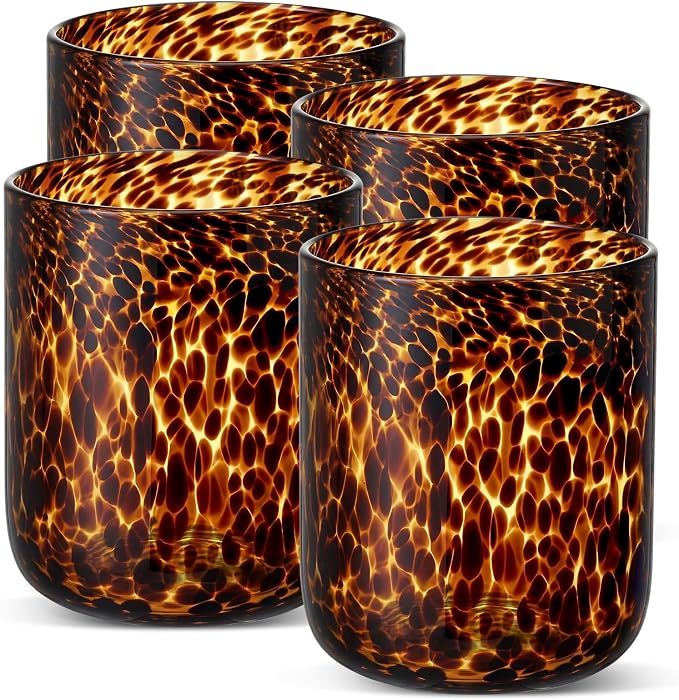 Honeydak Set of 4 Tortoise Leopard Print Glasses Brown Rocks Glasses Stylish Stemless Cocktail Cups Glass Glassware Tumbler Ideal for Gin, Tequila, Vodka, Soft Drinks