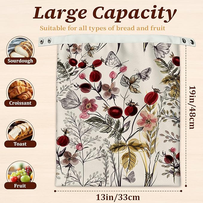 Bread Bags for Homemade Bread- Vintage Flower Butterfly 2 Pack Linen and Beeswax Sourdough Storage Bags, Reusable Keeper, Keeps Breads Fresh Longer, Gifts for Bakers
