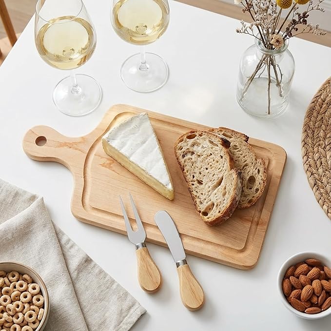 Ziliny 1 Set Bridal Baby Shower Cheese Prizes Wooden Square Board Gift Set Knives Forks Thank You Tags with Box for Guests for Valentines Bridal Baby Shower Housewarming (Maple Wood)
