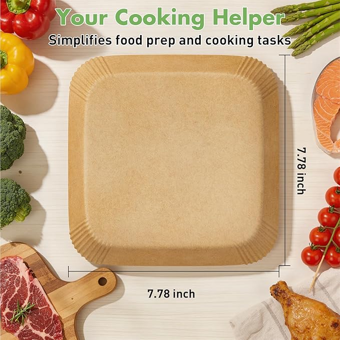 100Pcs 8 Inch Air Fryer Liners Disposable, Airfryer Paper Liners for 6-10QT, Liners Paper Oil Proof and Easy Cleanup, Non Stick Air Fryers Accessories, Baking Liners, Parchment Paper Sheet, Square