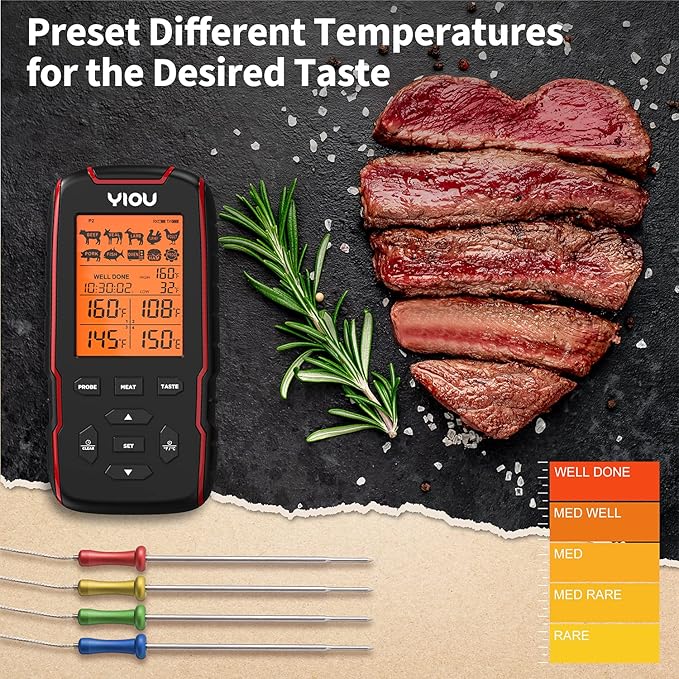 YIOU Wireless Meat Thermometer for Cooking, Digital Meat Thermometer with 4 Probes, 500FT Ultra Accurate & Fast Food Thermometer for Oven, Smoker, Warm Red