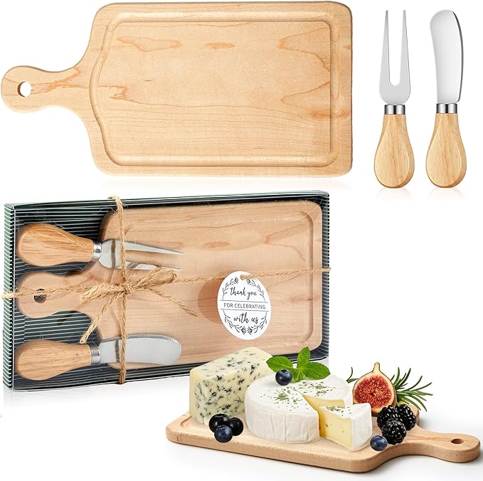 Ziliny 1 Set Bridal Baby Shower Cheese Prizes Wooden Square Board Gift Set Knives Forks Thank You Tags with Box for Guests for Valentines Bridal Baby Shower Housewarming (Maple Wood)