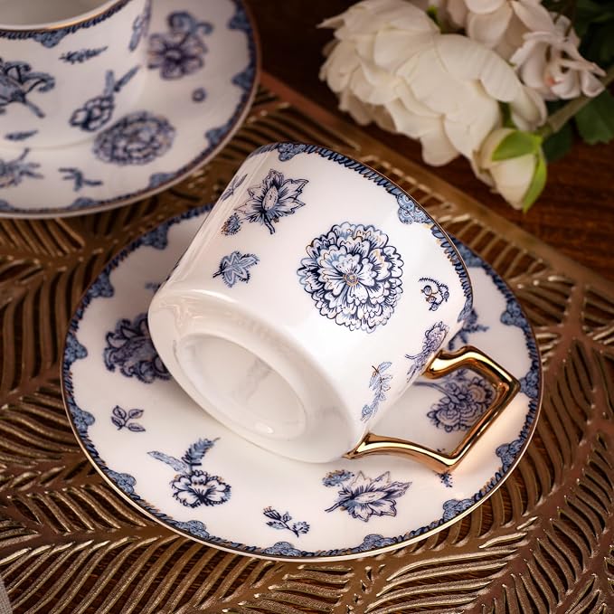 KAMMAK Tea Cups and Saucers Set of 2, Fine Bone China Coffee Cups, 8.5-Ounce Stackable Espresso Mugs, Ceramic Demitasse for Coffee, Cappuccino, Latte, Americano, Tea, English Navy