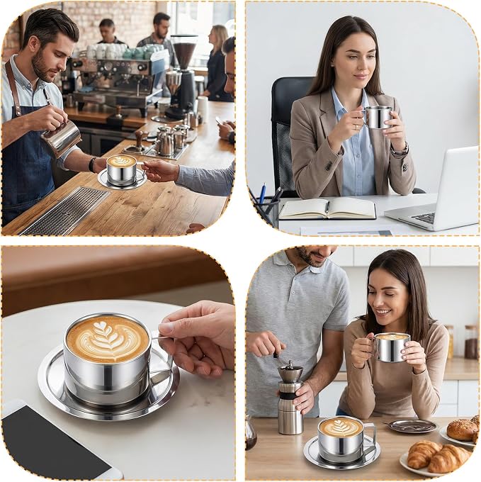 4 Pack Stainless Steel Coffee Mug Set, 6.8 Oz Espresso Cup with Saucer and Spoon, Double Walled Insulated Stainless Steel Coffee Cup for Latte, Cappuccino, Milk, Tea, Silver