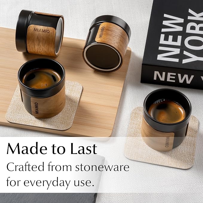 MIAMIO – Espresso Cups Set of 4 (3.5 oz) Japanese Tea Cups Ceramic/Handleless Mug with removable Wooden Cuff/Coffee Cups without Handle (Black)