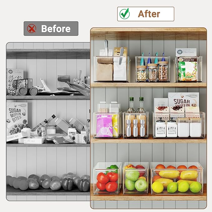 Clear Plastic Storage Bins with Dividers for Fridge Pantry Organizers and Storage Containers, 3 Pack Large Acrylic Stackable Sturdy Storage Boxes for Home Edit and Cabinet Organizers C6-2