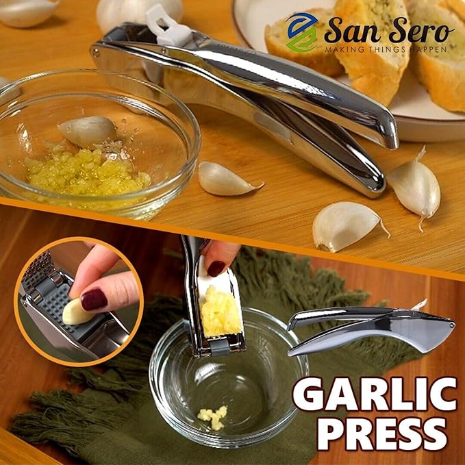 Japanese Garlic Press - Stainless Steel Garlic Press with Built-In Cleaning Tool - Garlic Mincer Spring Loaded Scraper- Kitchen Gadget Essentials - Peeler for Unpeeled Garlic Cloves - Dishwasher Safe