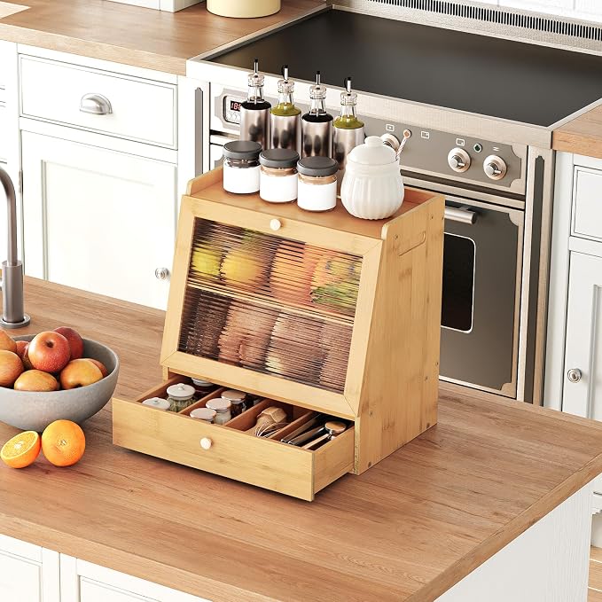 HOOBRO Bread Box, Bamboo Bread Box for Kitchen Countertop, 2-Tier Bread Storage Container with Drawer, Bamboo Food Cabinet with Acrylic Door, for Kitchen, Dining Room, Natural YL21MB01