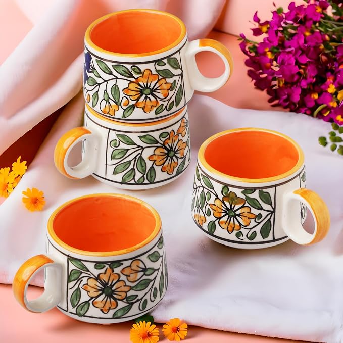 Servo Best Handmade Cermaic Tea Cup Set of 4-5 Oz Small Cups for Espresso, Cappuccino, Tea, Chai – Dishwasher & Microwave Safe – Gift Set for Coffee Lovers, Kitchen, Home, Office - Green Art