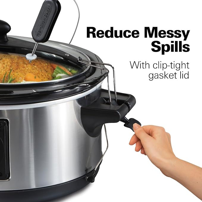 Hamilton Beach Portable 6 Quart Set & Forget Digital Programmable Slow Cooker with Lid Lock, Temperature Probe, Dishwasher Safe Crock & Lid, Stainless Steel (33969A) | Temperature Probe | Lid Lock For Easy Travel | Dishwasher Safe Crock & Glass Lid | S...