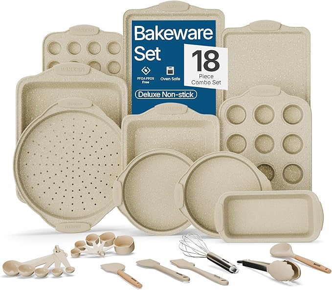 BAKKENMASTER 18-Piece Deluxe Nonstick Carbon Steel Bakeware Set - Professional Kitchen Oven Baking Pans with White Silicone Handles and Accessories