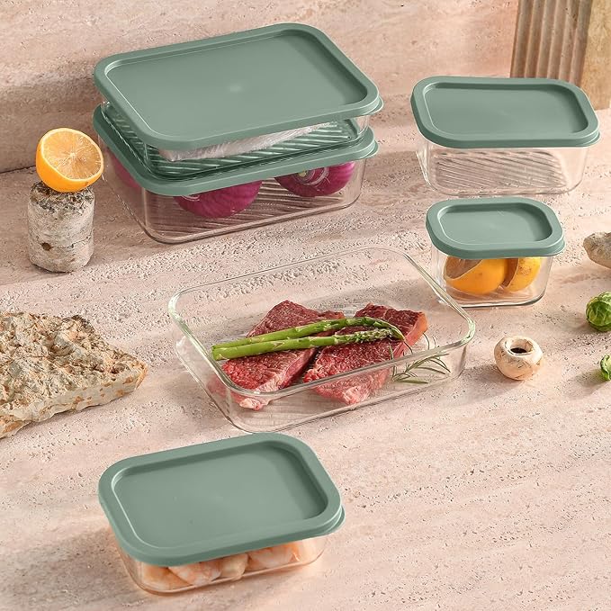 EATEX Grooved Base Glass Meal Prep Containers, 7 Pack Glass Storage Containers with Lids for Meal Prep & Lunch, Microwave Oven Freezer Dishwasher Safe, Anti Moisture Non-Stick Design - Sage Green