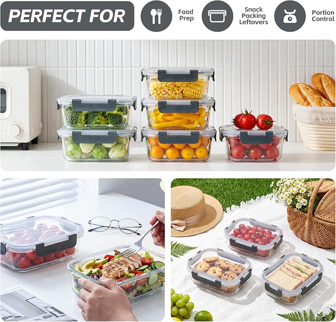 6-Pack 22oz Glass Meal Prep Containers with Lids, Airtight Leakproof Snap Lock Food Storage, Freezer, Microwave, Oven & Dishwasher Safe Bento Boxes for Meal Prepping, Grey