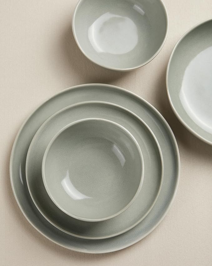 Pokini Dinnerware Sets for Family of 6, Ceramic Plates and Bowls Set, Kitchen Dish Set, Microwave & Dishwasher Safe Dishware, Highly Durable Reactive Glazed Dinner Set, Gray Green