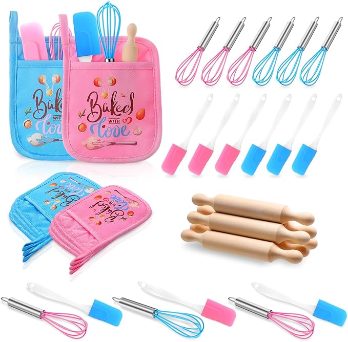 RoundFunny 24 Pcs Kids Mini Baking Supplies with Kitchen Utensil, Pot Holders, Spatula, Rolling Pin, Whisk for Kids Classroom School Exchange Party Favors (Small)