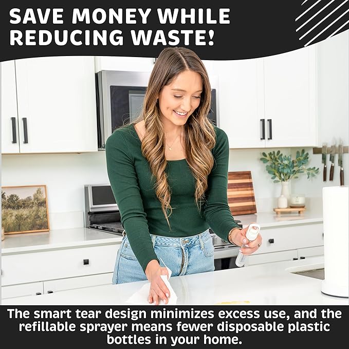 Stainless Steel Paper Towel Holder with Spray Pump – One-Handed Tear, Smart Traction System, 5 oz Sprayer Bottle, Heavy Duty Suction Cups, Weighted Base, Kitchen Towel Dispenser for Countertop Use